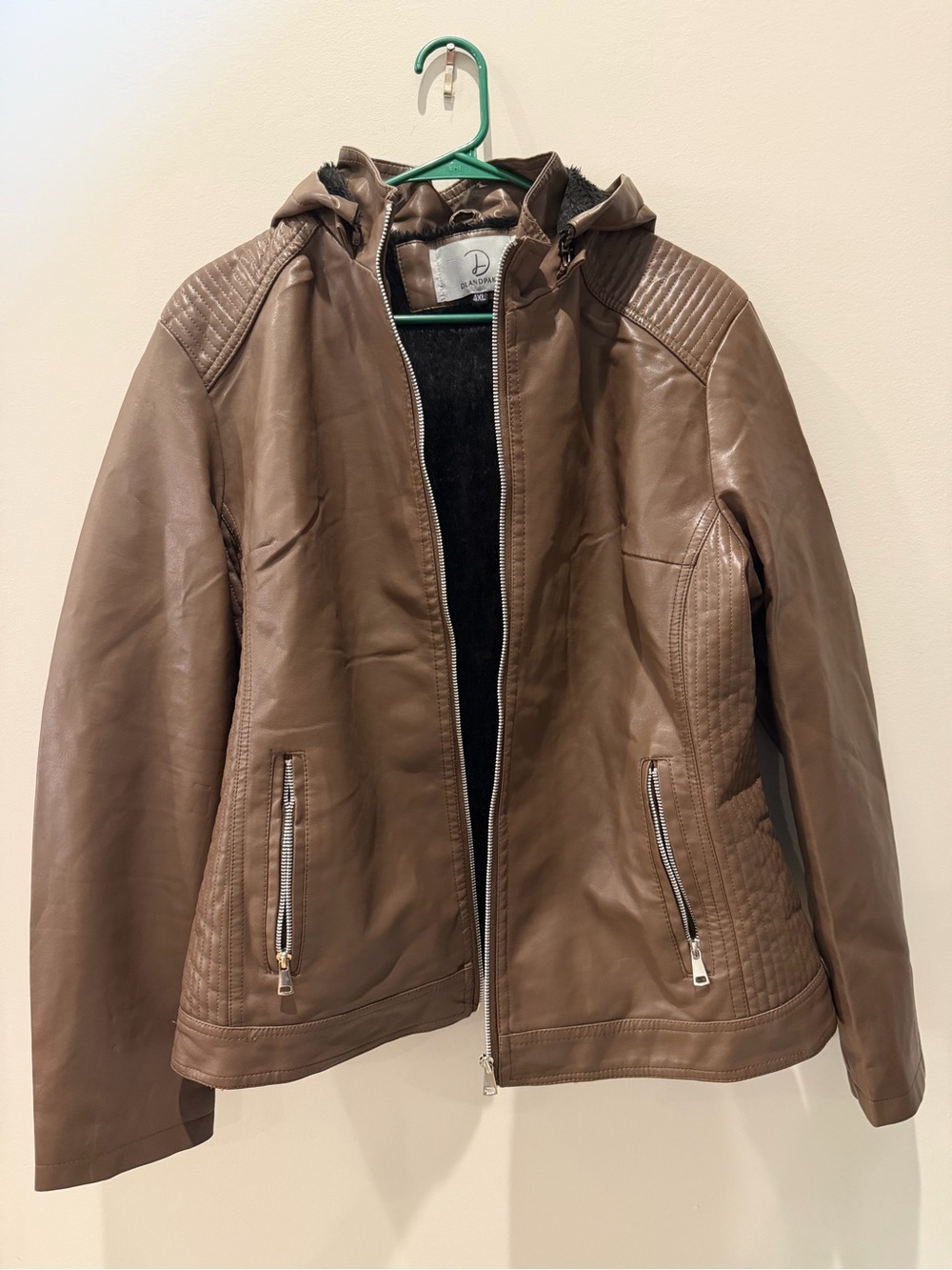 Dlandpake Women’s Brown Hooded Leather moto Jacket large fur lined